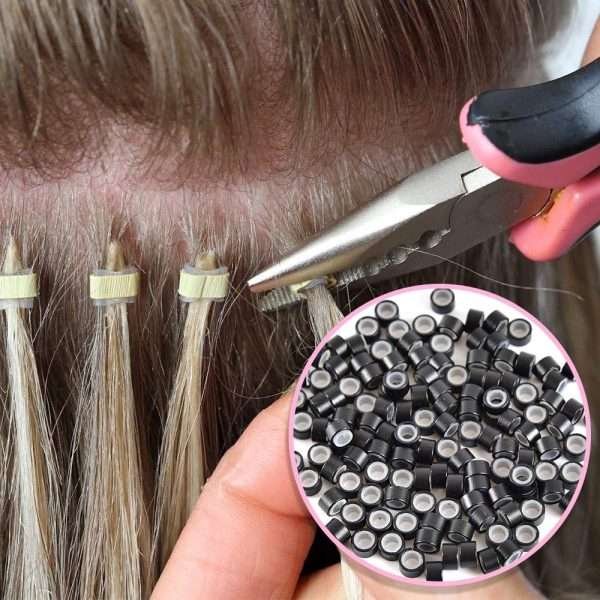 1000pcs Hair Extentions Micro Rings Links Beads, 5mm Silicone Lined Beads for Human Hair Extensions Tool-Black