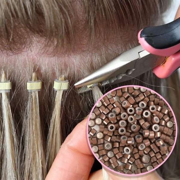 1000pcs Hair Extentions Micro Rings Links Beads, 5mm Silicone Lined Beads for Human Hair Extensions Tool-Brown