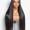 16'' Straight Lace Front Wigs Human Hair 13x4 Pre Cut Lace Glueless Human Hair Wig Pre Plucked Long Straight Black Wig For Women 180 Density