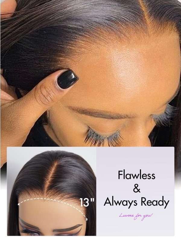 16'' Straight Lace Front Wigs Human Hair 13x4 Pre Cut Lace Glueless Human Hair Wig Pre Plucked Long Straight Black Wig For Women 180 Density