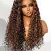 16 Inch Highlight Brown Curly Lace Front Wig Human Hair Pre Cut Lace Glueless 5X5 Closure Wig Pre Plucked For Women 180 Density