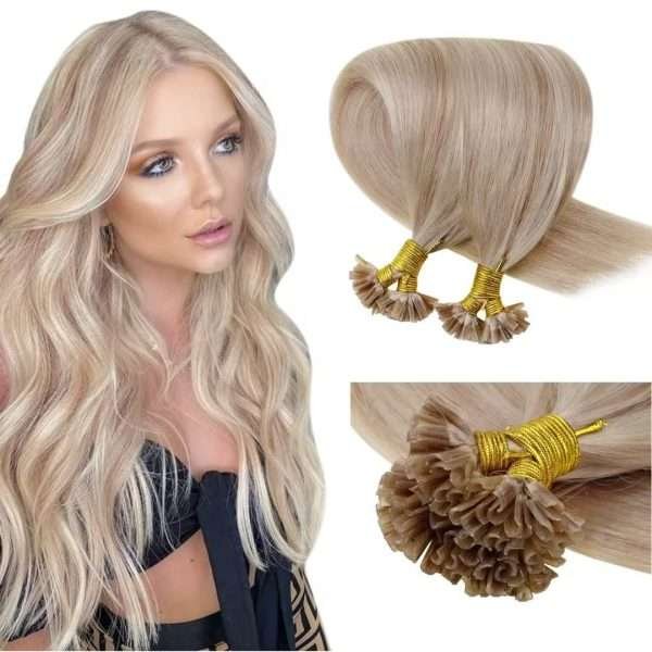 U Tip Hair Extensions Real Human Hair  U Tips Hair Extensions Highlighted Light Blonde #P18613 Hot Fusion Remy Hair Extensions Utips Pre Bonded Straight Extensions 50pcs/50g 16 Inch
