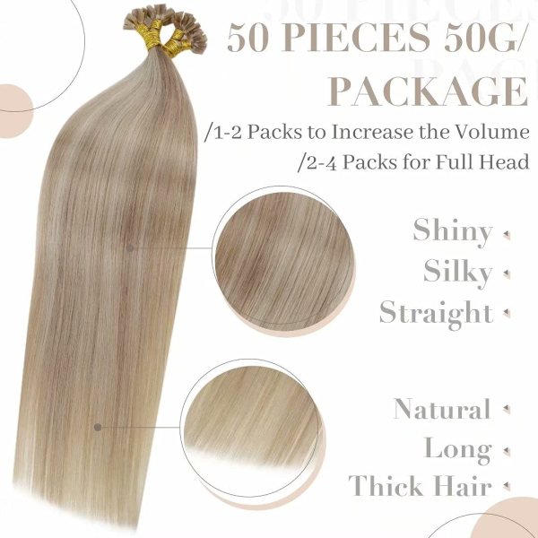 U Tip Hair Extensions Real Human Hair  U Tips Hair Extensions Highlighted Light Blonde #P18613 Hot Fusion Remy Hair Extensions Utips Pre Bonded Straight Extensions 50pcs/50g 16 Inch