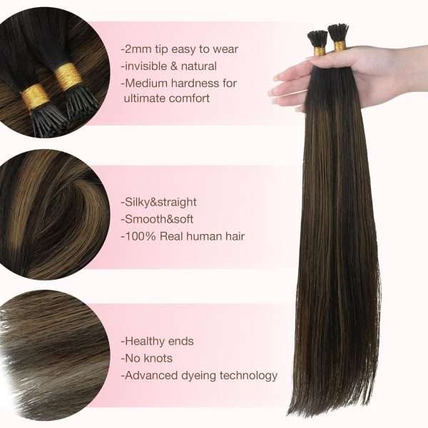 1B61B-1 I tip Human Hair Extension #1B/6/1B Natural Black to Chestnut Brown I Tip Hair Extensions Real Human Hair Cold Fusion Itips Hair Extensions Human Hair 16 inch 50pc 50g