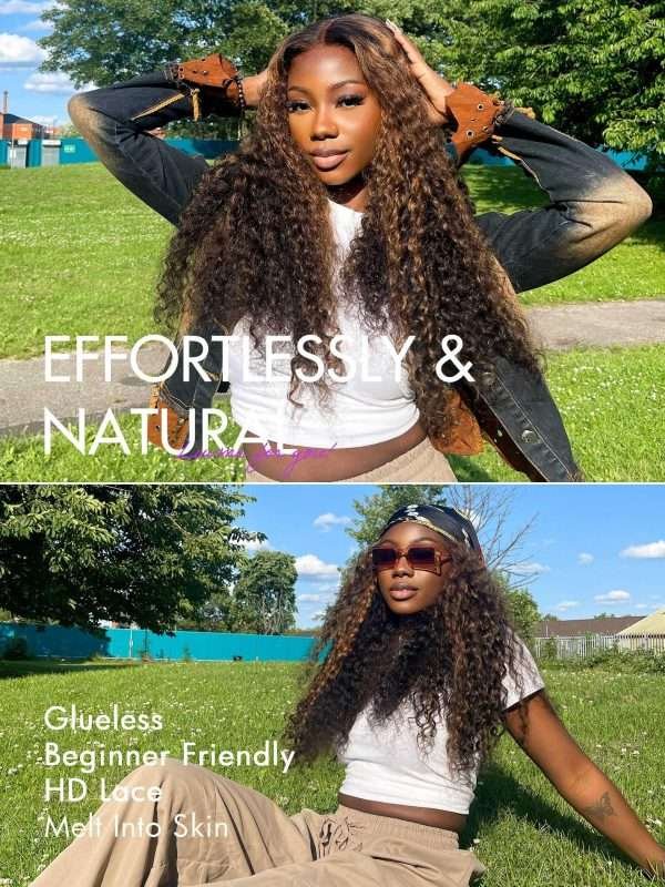 16 Inch Highlight Brown Curly Lace Front Wig Human Hair Pre Cut Lace Glueless 5X5 Closure Wig Pre Plucked For Women 180 Density