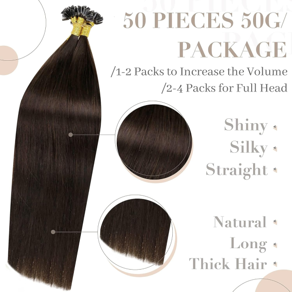 24-修 U Tip Hair Extensions Human Hair Brown Utip Hair Extensions Remy Straight Dark Brown #2 Hot Fusion Hair Extensions Real Human Hair for Women 16 Inch 1g 50pcs/50g