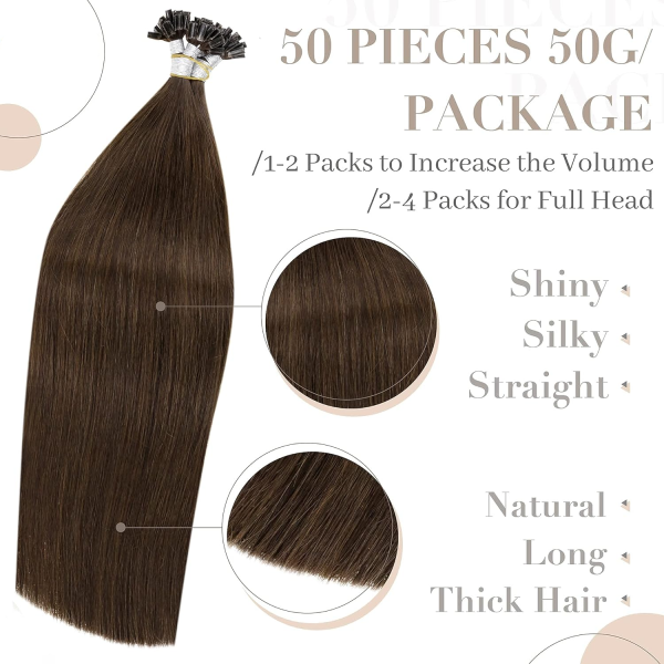 U Tip Hair Extensions Real Human Hair Brown U Tips Hair Extensions Medium Brown #4 Hot Fusion Remy Hair Extensions Utips Pre Bonded Straight Extensions 50pcs/50g  16 Inch