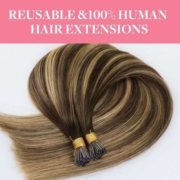 I tip Human Hair Extension #4/27/4 Chocolate Brown to Caramel Blonde I Tip Hair Extensions Real Human Hair Cold Fusion Itips Hair Extensions Human Hair 16 inch 50pc 50g