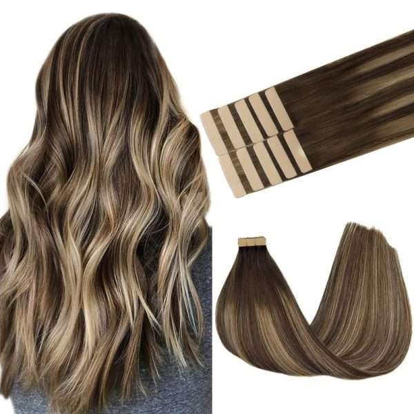 Tape in Human Hair Extensions Balayage Chocolate Brown to Honey Blonde#T(4/26)/4 Seamless Straight Remy Human Hair Extensions 50g 20pcs