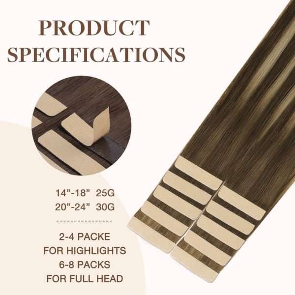 Tape in Human Hair Extensions Balayage Chocolate Brown to Honey Blonde#T(4/26)/4 Seamless Straight Remy Human Hair Extensions 50g 20pcs
