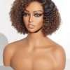 8 Inch Kinky Curly Ombre Brown Bob Wig Human Hair Pre Cut Glueless HD Lace Closure Wig, Natural Black with Brown Side Parted Short Curly Wigs For Women