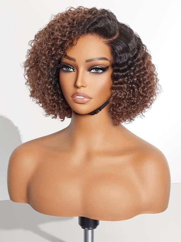 8 Inch Kinky Curly Ombre Brown Bob Wig Human Hair Pre Cut Glueless HD Lace Closure Wig, Natural Black with Brown Side Parted Short Curly Wigs For Women