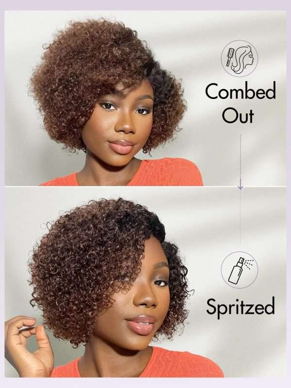 8 Inch Kinky Curly Ombre Brown Bob Wig Human Hair Pre Cut Glueless HD Lace Closure Wig, Natural Black with Brown Side Parted Short Curly Wigs For Women