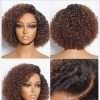 8 Inch Kinky Curly Ombre Brown Bob Wig Human Hair Pre Cut Glueless HD Lace Closure Wig, Natural Black with Brown Side Parted Short Curly Wigs For Women