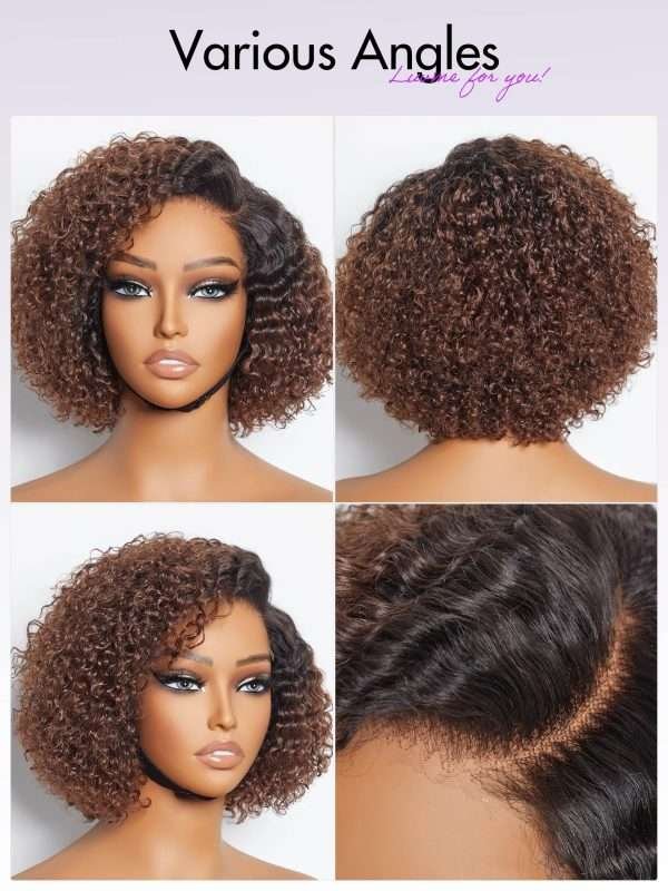 8 Inch Kinky Curly Ombre Brown Bob Wig Human Hair Pre Cut Glueless HD Lace Closure Wig, Natural Black with Brown Side Parted Short Curly Wigs For Women