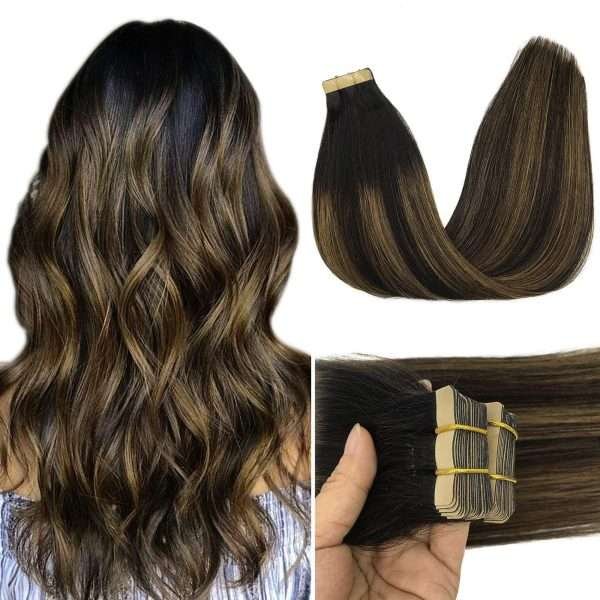 Tape in Human Hair Extensions Balayage Natural Black Highlighted Chestnut Brown#1B/6/1B Seamless Straight Remy Human Hair Extensions 50g 20pcs