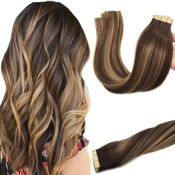 Tape in Human Hair Extensions Chocolate Brown to Caramel Blonde #T(4/27)4 Seamless Straight Remy Human Hair Extensions 50g 20pcs