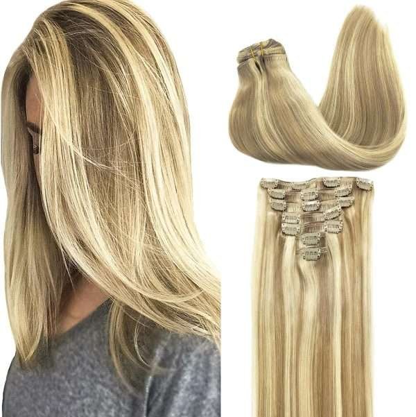 Full Head Clip-In Light Blonde Highlighted Golden Blonde #P16/22 Hair Extensions