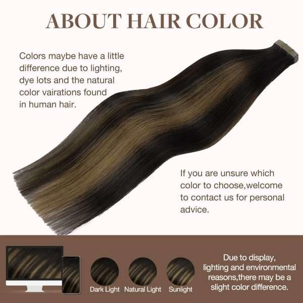 Tape in Human Hair Extensions Balayage Natural Black Highlighted Chestnut Brown#1B/6/1B Seamless Straight Remy Human Hair Extensions 50g 20pcs