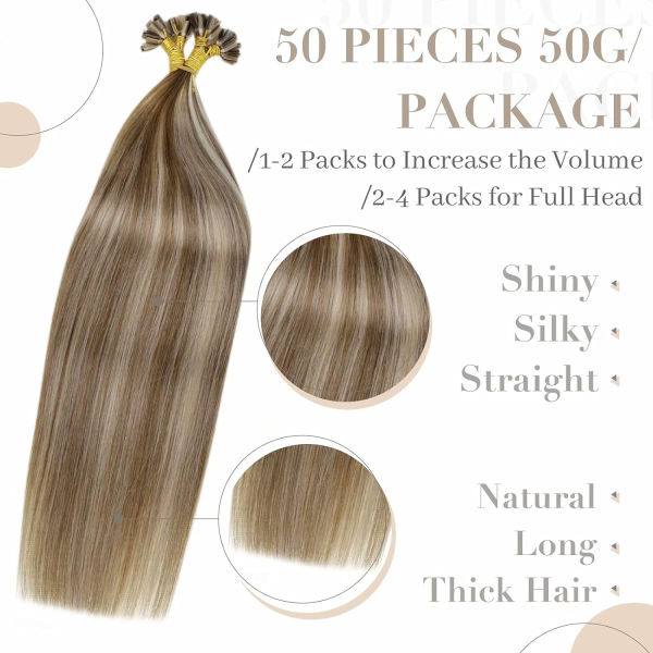U Tip Hair Extensions Real Human Hair U Tips Hair Extensions Highlight Light Brown Mixed Golden Blonde #P824 Hot Fusion Remy Hair Extensions Utips Pre Bonded Straight Extensions 50pcs/50g 16 Inch