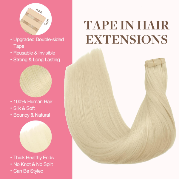 修 Tape in Human Hair Extensions Platinum Blonde #60A Seamless Straight Remy Human Hair Extensions 50g 20pcs