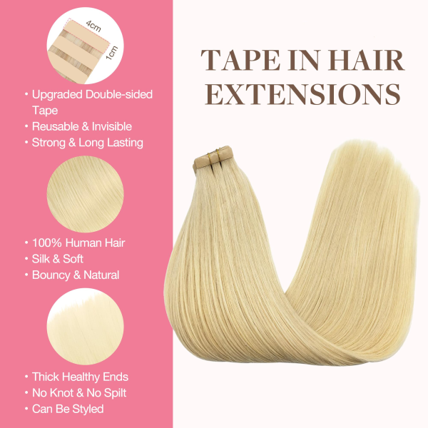 Tape in Human Hair Extensions Bleach Blonde #613 Seamless Straight Remy Human Hair Extensions 50g 20pcs