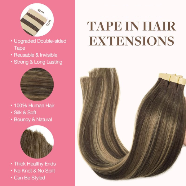 Tape in Human Hair Extensions Balayage Chocolate Brown to Honey Blonde#T(4/26)/4 Seamless Straight Remy Human Hair Extensions 50g 20pcs