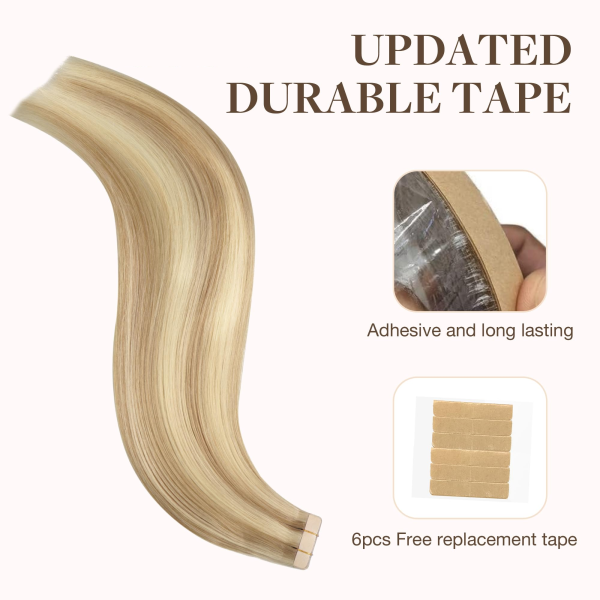 Tape in Human Hair Extensions Dark Blonde Highlighted Bleach Blonde#18/613 Seamless Straight Remy Human Hair Extensions 50g 20pcs