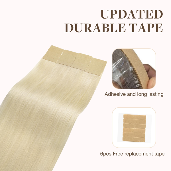 修2 Tape in Human Hair Extensions Platinum Blonde #60A Seamless Straight Remy Human Hair Extensions 50g 20pcs