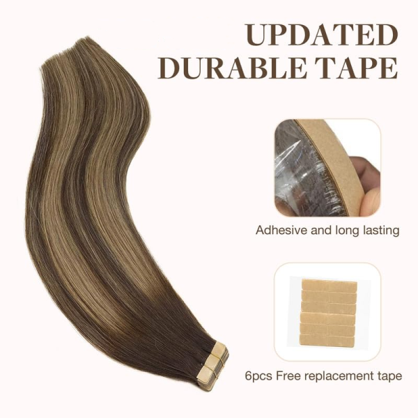 Tape in Human Hair Extensions Balayage Chocolate Brown to Honey Blonde#T(4/26)/4 Seamless Straight Remy Human Hair Extensions 50g 20pcs